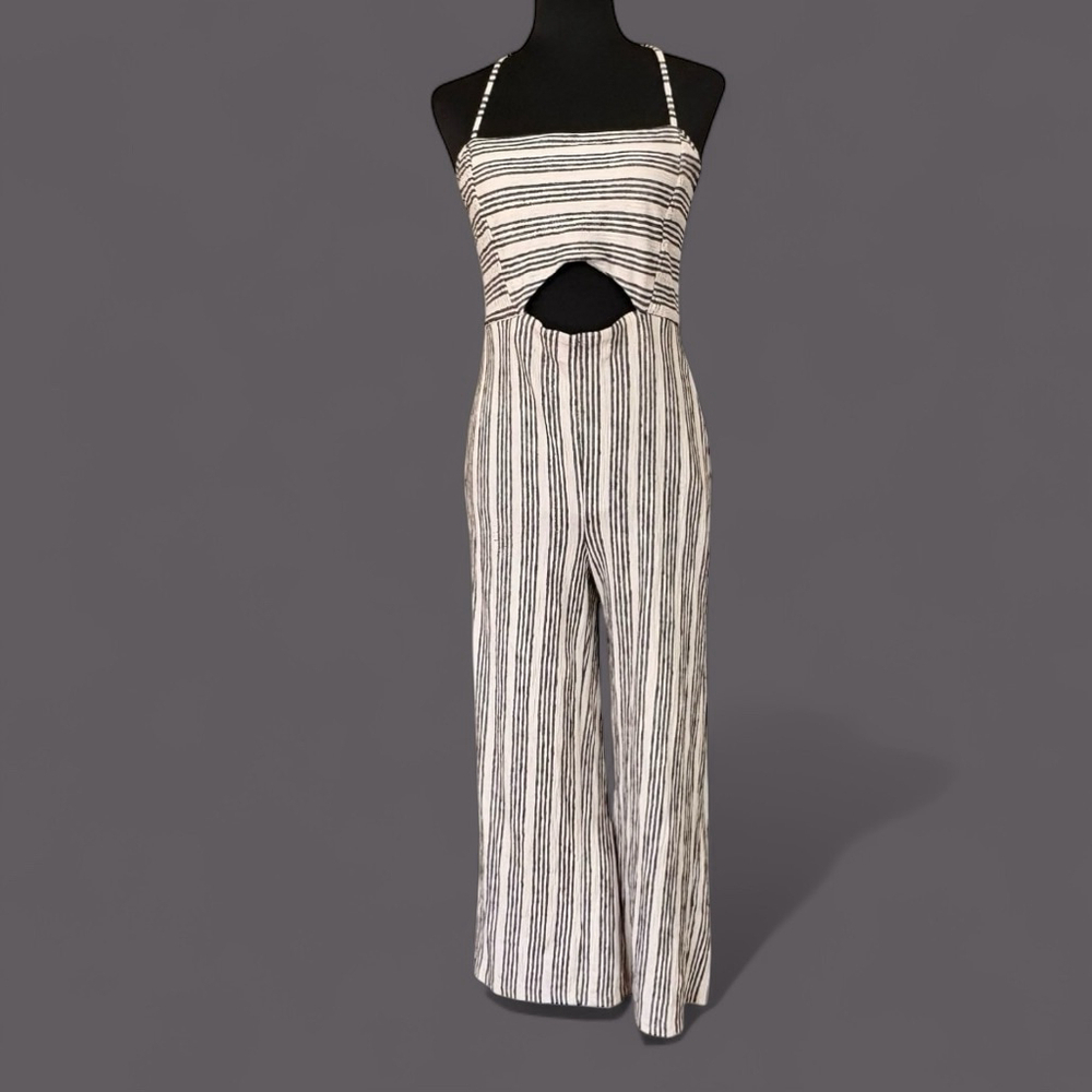 Bershka Cream Black Striped Wide Leg Jumpsuit Medium